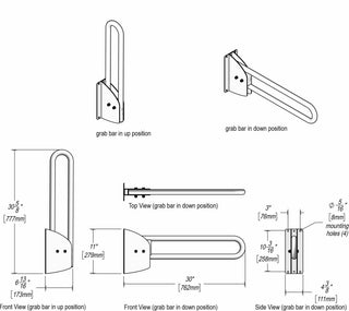 Frost 1055-S 30 inch stainless steel swing up grab bar with polished satin finish.
Frost 1055-S wall mounted swing up grab bar with peened grip and 600 lb load capacit