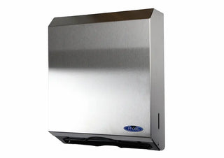 Wall-mounted Frost universal paper towel dispenser with brushed stainless steel front, keyed lock, and slim commercial design.