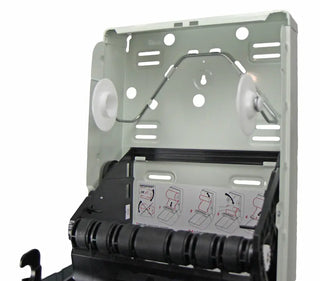 Wall-mounted Frost control roll paper towel dispenser with smoked transparent vandal-resistant polycarbonate door, push bar operation, and keyed lock.