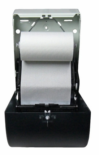 Wall-mounted Frost control roll paper towel dispenser with smoked transparent vandal-resistant polycarbonate door, push bar operation, and keyed lock.