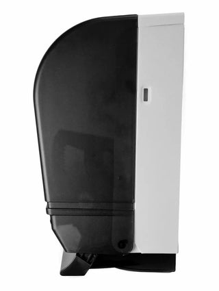 Wall-mounted Frost control roll paper towel dispenser with smoked transparent vandal-resistant polycarbonate door, push bar operation, and keyed lock.
