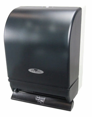 Wall-mounted Frost control roll paper towel dispenser with smoked transparent vandal-resistant polycarbonate door, push bar operation, and keyed lock.