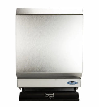 Wall-mounted Frost control roll paper towel dispenser with brushed stainless steel front, push bar operation, keyed lock, and commercial-grade construction.