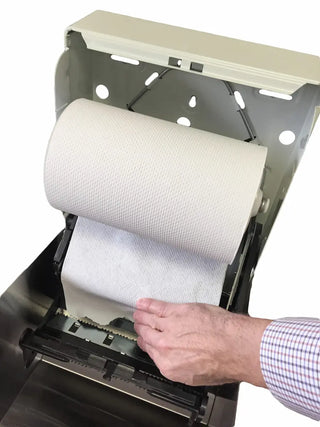 Wall-mounted Frost control roll paper towel dispenser with brushed stainless steel front, push bar operation, keyed lock, and commercial-grade construction.