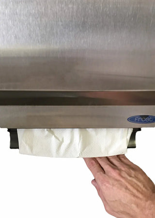 Wall-mounted Frost control roll paper towel dispenser with brushed stainless steel front, push bar operation, keyed lock, and commercial-grade construction.