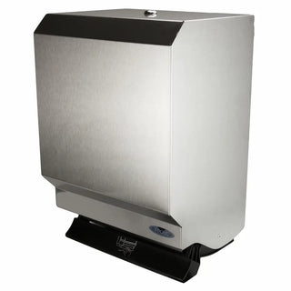 Wall-mounted Frost control roll paper towel dispenser with brushed stainless steel front, push bar operation, keyed lock, and commercial-grade construction.