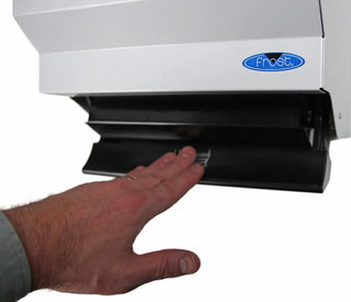 Wall-mounted Frost control roll paper towel dispenser with push bar operation, keyed lock, and durable white steel construction.