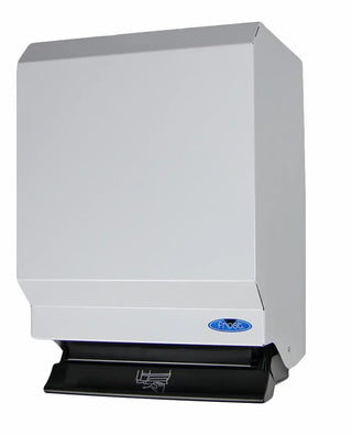 Wall-mounted Frost control roll paper towel dispenser with push bar operation, keyed lock, and durable white steel construction.