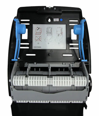 Wall-mounted Frost mechanical hands-free paper towel dispenser with transparent vandal-resistant polycarbonate cover and side paper advance knob.