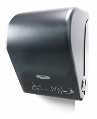 Wall-mounted Frost mechanical hands-free paper towel dispenser with transparent vandal-resistant polycarbonate cover and side paper advance knob.