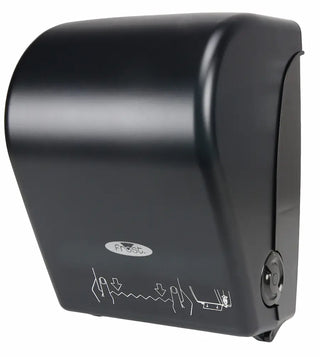 Wall-mounted Frost mechanical hands-free paper towel dispenser with transparent vandal-resistant polycarbonate cover and side paper advance knob.