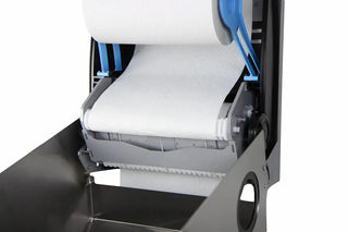 Wall-mounted Frost mechanical hands-free paper towel dispenser with brushed stainless steel housing, automatic cutting mechanism, and side paper advance knob.