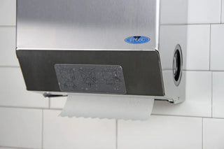 Wall-mounted Frost mechanical hands-free paper towel dispenser with brushed stainless steel housing, automatic cutting mechanism, and side paper advance knob.
