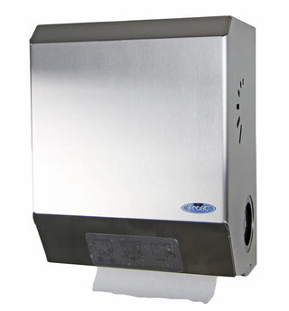 Wall-mounted Frost mechanical hands-free paper towel dispenser with brushed stainless steel housing, automatic cutting mechanism, and side paper advance knob.