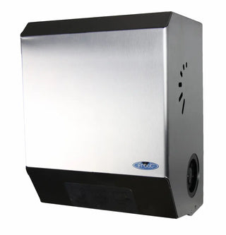 Wall-mounted Frost mechanical hands-free paper towel dispenser with brushed stainless steel housing, automatic cutting mechanism, and side paper advance knob.
