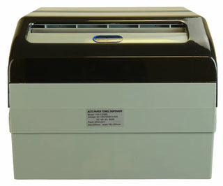 Wall-mounted Frost automatic hands-free paper towel dispenser with transparent vandal-resistant polycarbonate cover and infrared sensor.