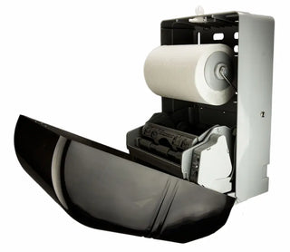 Wall-mounted Frost automatic hands-free paper towel dispenser with transparent vandal-resistant polycarbonate cover and infrared sensor.