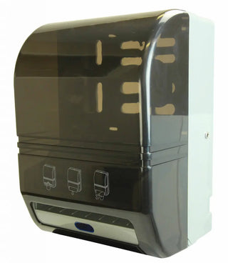 Wall-mounted Frost automatic hands-free paper towel dispenser with transparent vandal-resistant polycarbonate cover and infrared sensor.