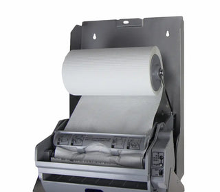 Wall-mounted Frost automatic hands-free paper towel dispenser with brushed stainless steel housing, infrared sensor, and front-loading design.