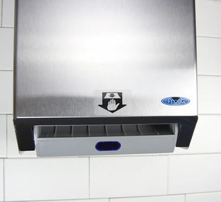 Wall-mounted Frost automatic hands-free paper towel dispenser with brushed stainless steel housing, infrared sensor, and front-loading design.
