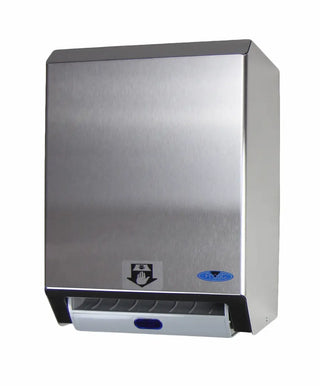 Wall-mounted Frost automatic hands-free paper towel dispenser with brushed stainless steel housing, infrared sensor, and front-loading design.