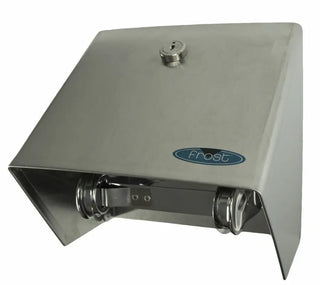 Wall-mounted Frost hooded toilet tissue dispenser with stainless steel hood, polished chrome roll holder, and keyed locking design.
