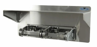 Wall-mounted Frost double roll toilet tissue dispenser with integrated stainless steel storage shelf and dual polished chrome roll holders.