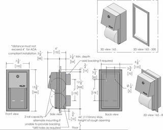 Recessed Frost stainless steel dual roll toilet tissue dispenser with locking front panel and reserve roll dispensing system.