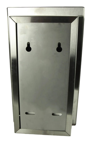 Recessed Frost stainless steel dual roll toilet tissue dispenser with locking front panel and reserve roll dispensing system.