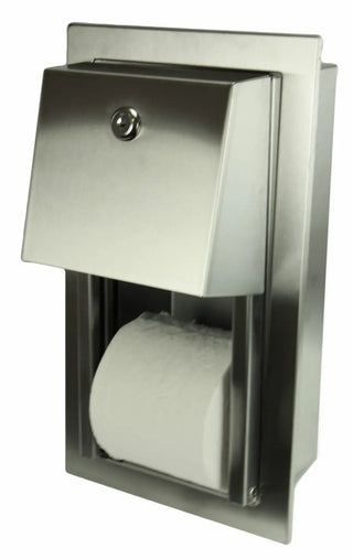 Recessed Frost stainless steel dual roll toilet tissue dispenser with locking front panel and reserve roll dispensing system.