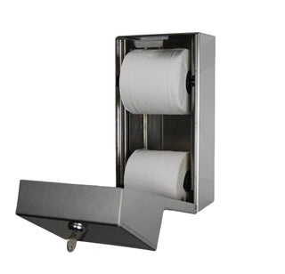 Wall-mounted Frost brushed stainless steel reserve roll toilet tissue dispenser with locking front cover for two standard toilet paper rolls.