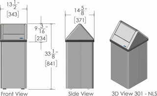 Frost 301 Series free-standing swing top waste receptacle available in white epoxy-coated steel and brushed stainless steel finishes for commercial facilities.