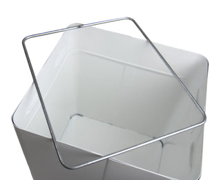 Frost 302-NL free-standing swing top waste receptacle with white epoxy-coated steel construction and concealed waste opening.