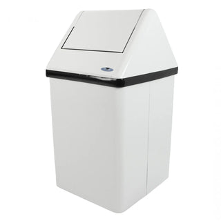Frost 302-NL free-standing swing top waste receptacle with white epoxy-coated steel construction and concealed waste opening.
