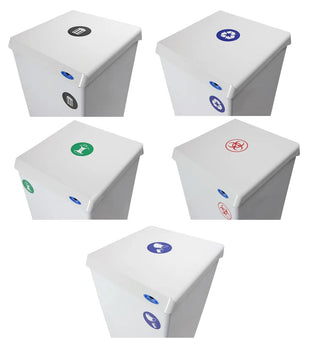 Frost 305 foot operated waste receptacle with hands-free pedal operation, white epoxy-coated steel body, plastic liner, and soft-closing lid.