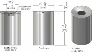 Frost 310-J jumbo architectural stand alone waste receptacle with Type 304 brushed stainless steel construction for high-traffic commercial facilities.