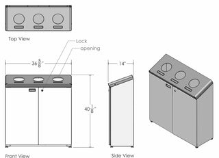 Frost 316 Series floor standing recycling station with three removable polyethylene liners, available in epoxy-coated steel and brushed stainless steel finishes.