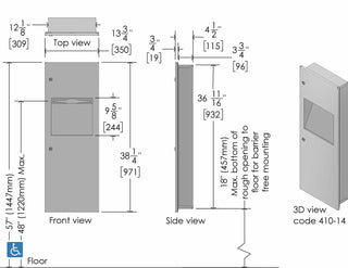 410-14A: Frost 410-14 Series recessed combination paper towel dispenser and waste receptacle, 4.5" depth.
410-14C: Frost 410-14 Series surface mounted combination paper towel dispenser and waste receptacle, 4.5" depth.