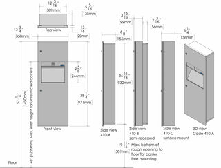 410-A: Frost 410 Series recessed combination dispenser/disposal.
410-B: Frost 410 Series semi-recessed combination dispenser/disposal.
410-C: Frost 410 Series surface mounted combination dispenser/disposal.