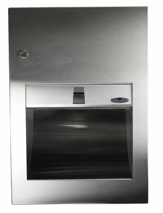 Brushed stainless steel Frost manual paper towel dispenser with locking front door, integrated towel opening, and commercial wall-mounted design.