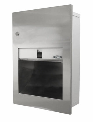 Brushed stainless steel Frost manual paper towel dispenser with locking front door, integrated towel opening, and commercial wall-mounted design.