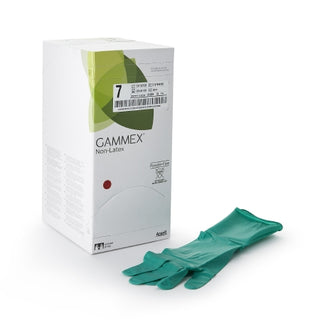 GAMMEX® 364344_CS Surgical Glove ,Non-Latex, Size 7, Polyisoprene, Standard Cuff Length, Green with packaging on a white background