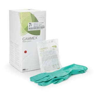 GAMMEX® 364346_CS Surgical Glove ,Non-Latex, Size 7.5, Polyisoprene, Standard Cuff Length, Green with packaging on a white background