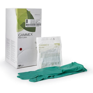GAMMEX® 364347_CS Surgical Glove ,Non-Latex, Size 8, Polyisoprene, Standard Cuff Length, Green with packaging on a white background