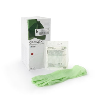 GAMMEX® 648141_BX  Non-Latex PI,Surgical Glove,Green,Size 6,Polyisoprene Standard Cuff,Green with packaging on a white background