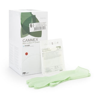 GAMMEX® 648142_BX  Non-Latex PI,Surgical Glove,Green,Size 6.5,Polyisoprene Standard Cuff,Green packaging on a white background