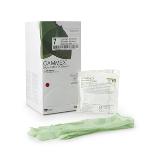 GAMMEX® 648143_CS Non-Latex PI,Surgical Glove,Green,Size 7,Polyisoprene Standard Cuff,Green with packaging on a white background
