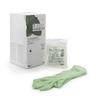 GAMMEX® 648144_CS Non-Latex PI,Surgical Glove,Green,Size 7.5,Polyisoprene Standard Cuff,Green with packaging on a white background