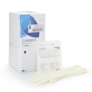 GAMMEX® 765476_BX, Surgical Glove, Size 6, Polyisoprene, Standard Cuff, White,Chemo Tested with packaging on a white background