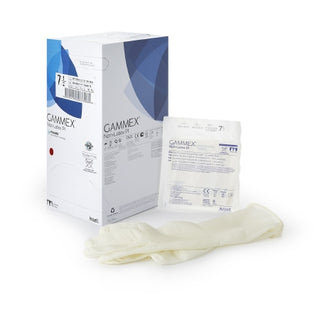 GAMMEX® 765478_BX, Surgical Glove, Size 7.5, Polyisoprene, Standard Cuff, White,Chemo Tested packaging with a single glove on a white background